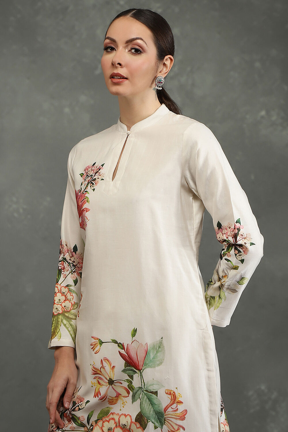 Ivory Silk Chanderi Floral Printed Straight Kurta Set image number 1