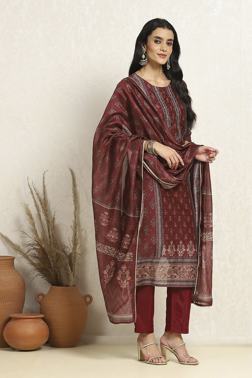 Maroon Chanderi Floral Printed Festive Unstitched Suit Set image number 6