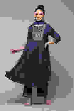 Teal LIVA Gathered Kurta Palazzo Suit Set image number 7