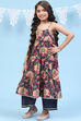 Blue Cotton Tiered Printed Kurta Set image number 0