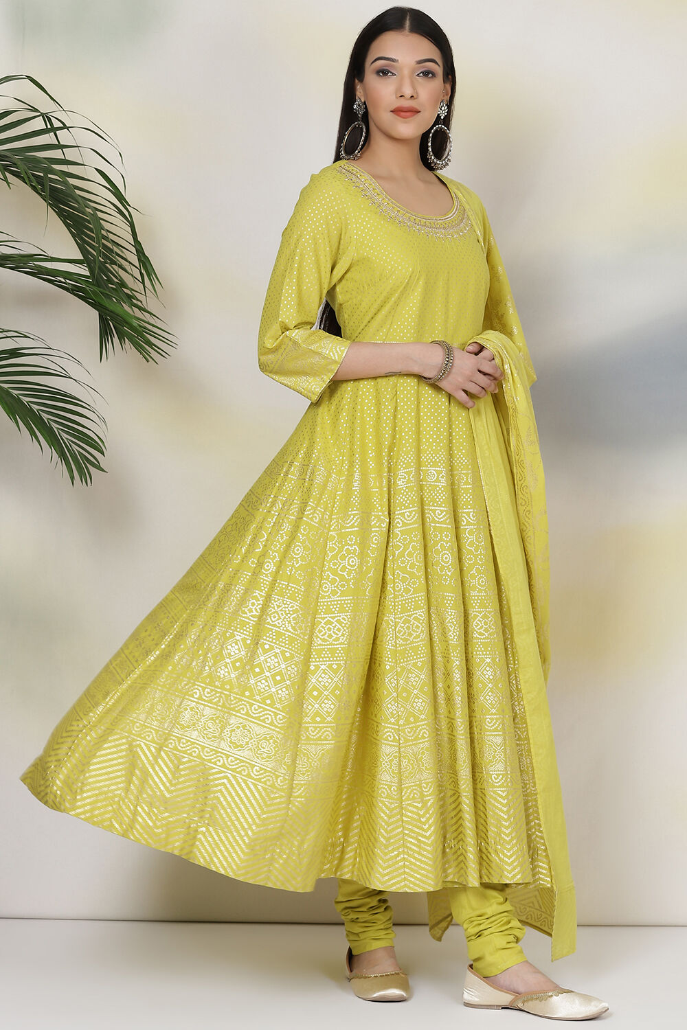 Lime Green Cotton Anarkali Kurta Churidar Suit Set image number 6