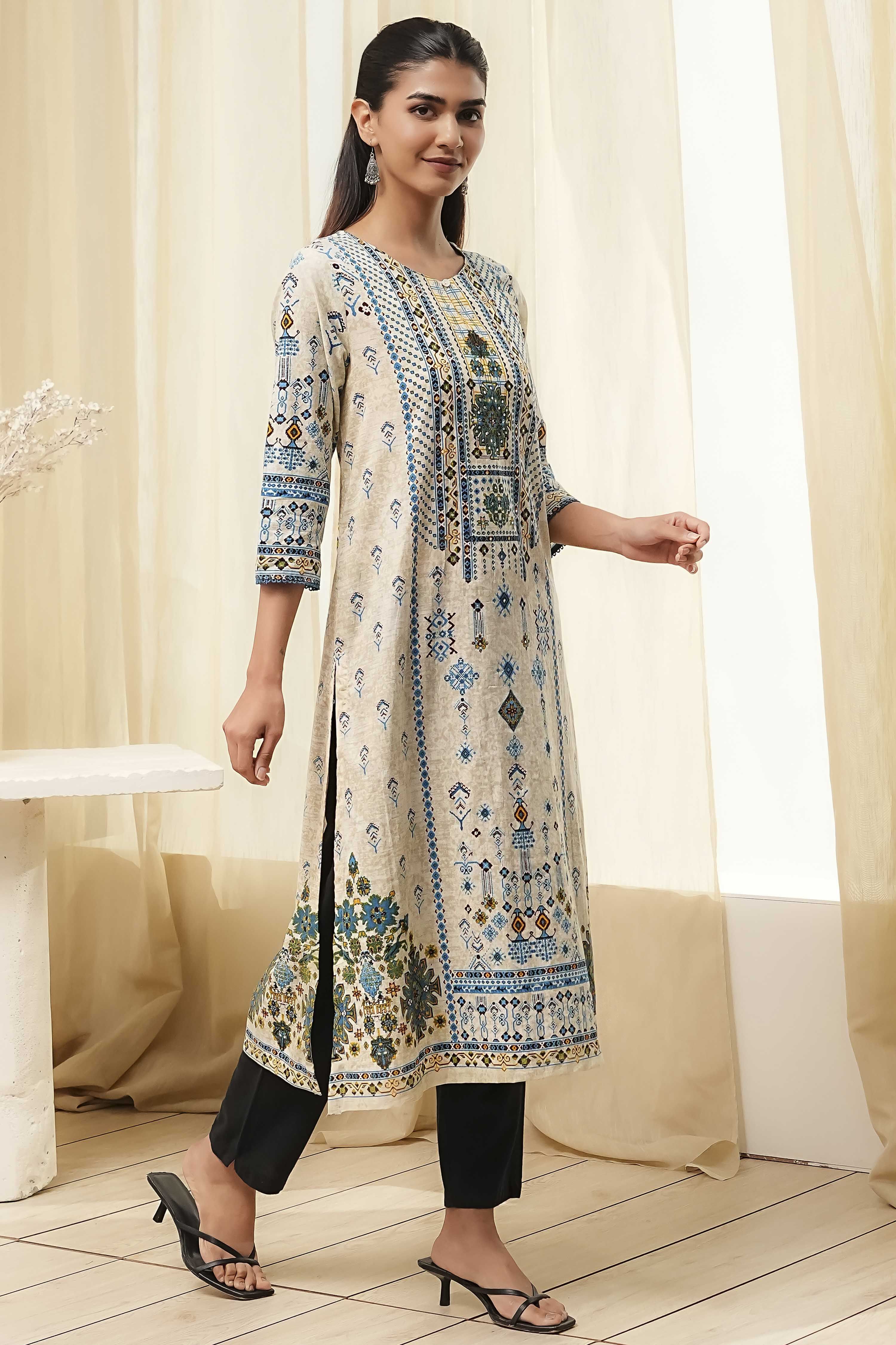 Off-White and Blue Cotton Straight Kurta image number 4