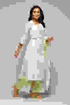 Off White Cotton Straight Printed Kurta Capri Suit Set image number 6