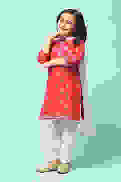 Red Cotton Straight Printed Kurta Patiala Salwar Suit Set image number 0