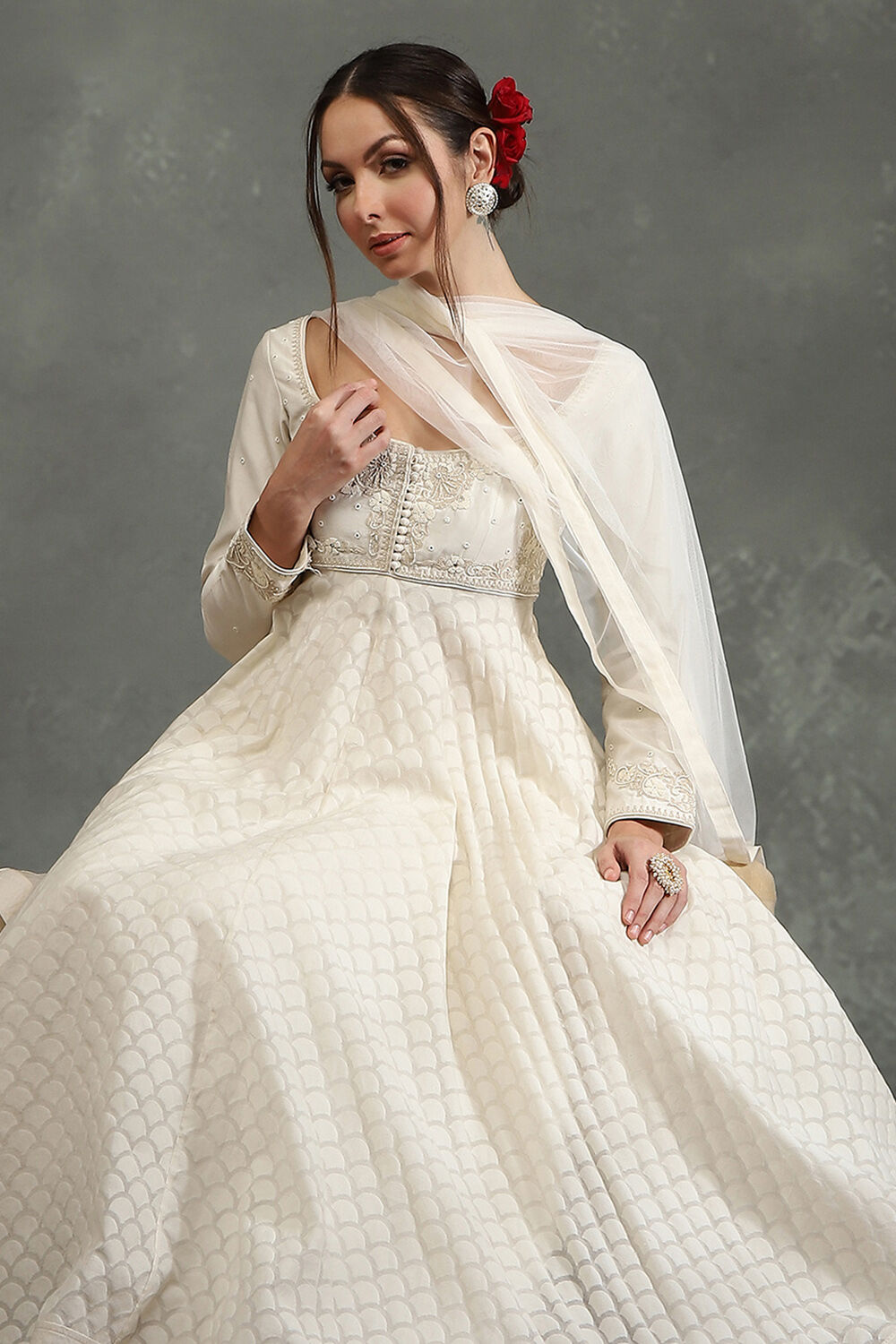 Cream-Toned Silk Chanderi Floral Anarkali Suit Set image number 6
