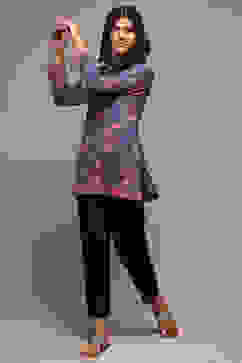 Denim Blue Cotton Blend Printed Kurti image number 0