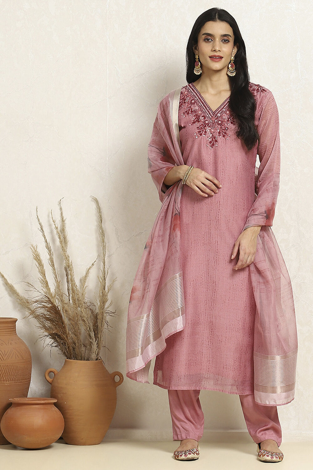Pink Chanderi Hand Embroidered Unstitched Suit Set image number 1