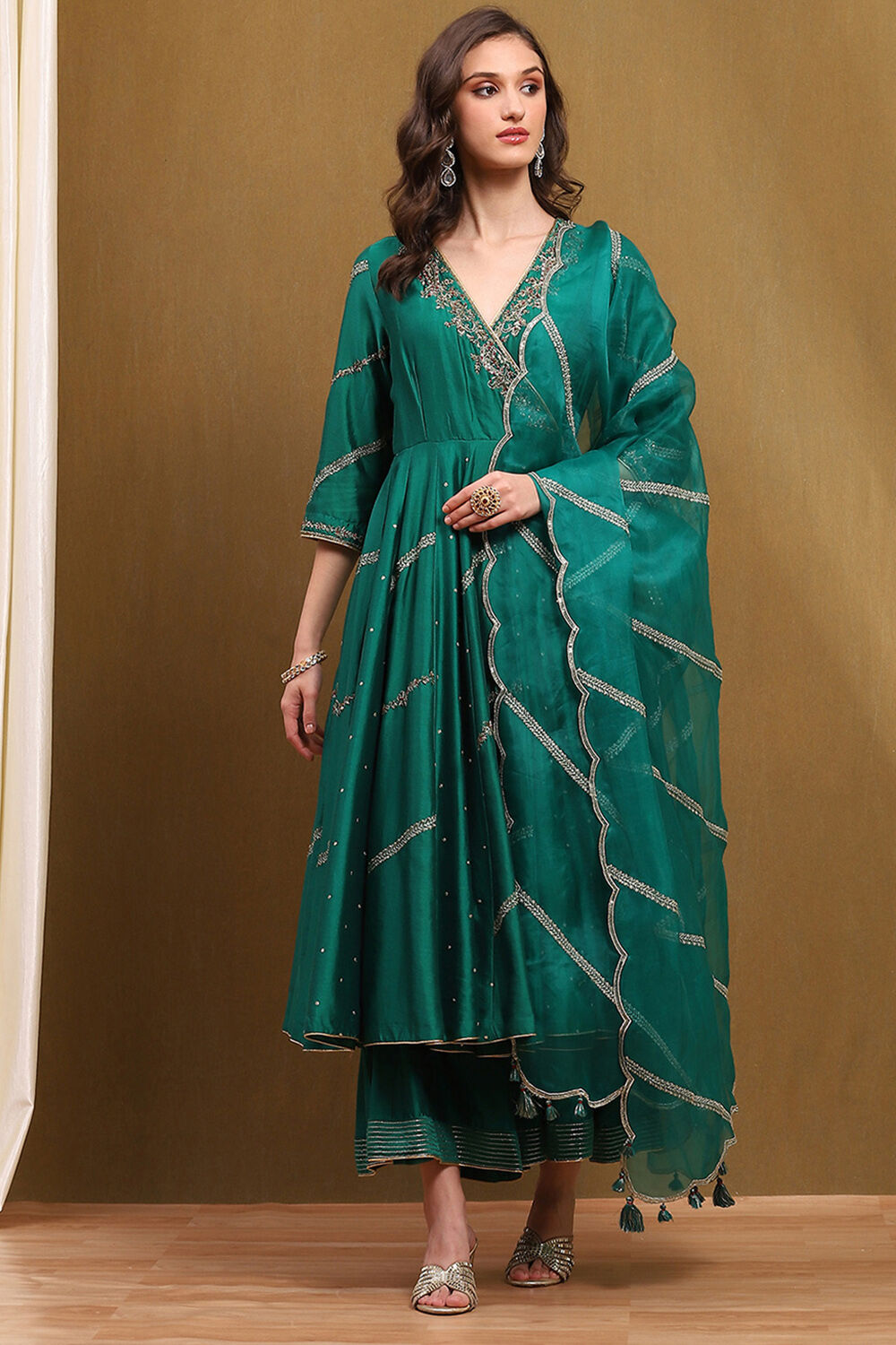 Green Embroidered Angrakha Festive Anarkali Suit Set image number 6