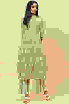 Clay Mint Cotton Straight Fusion Printed Kurta Set image number 0