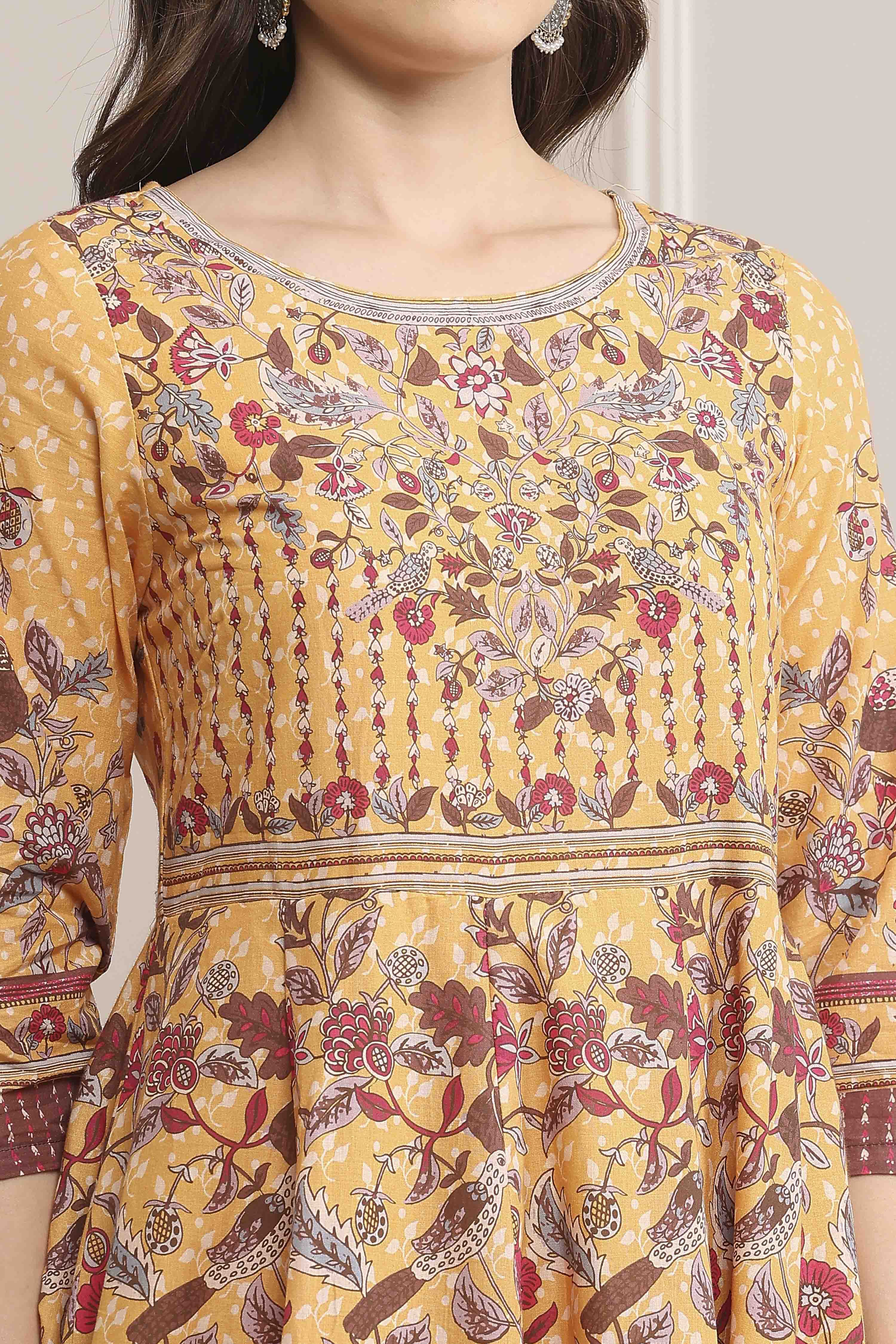 Beige Cotton Printed Anarkali Suit Set image number 1