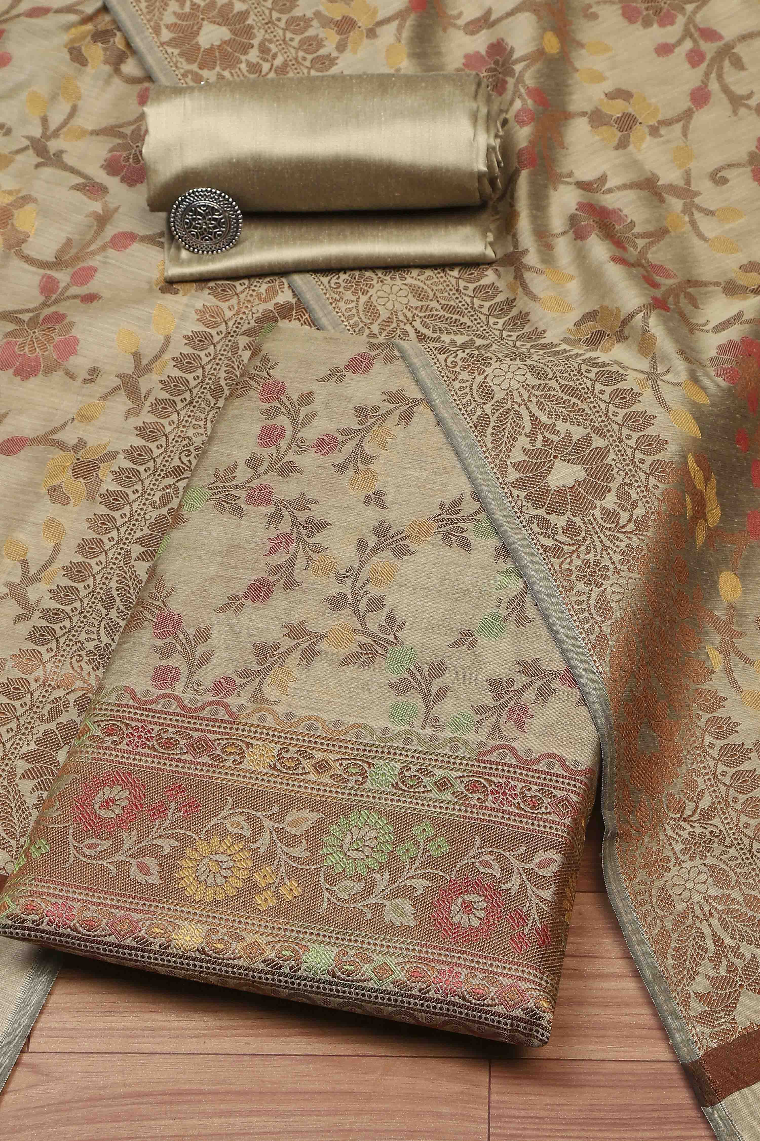 Green Cotton Printed Embroidered Unstitched Suit Set image number 0