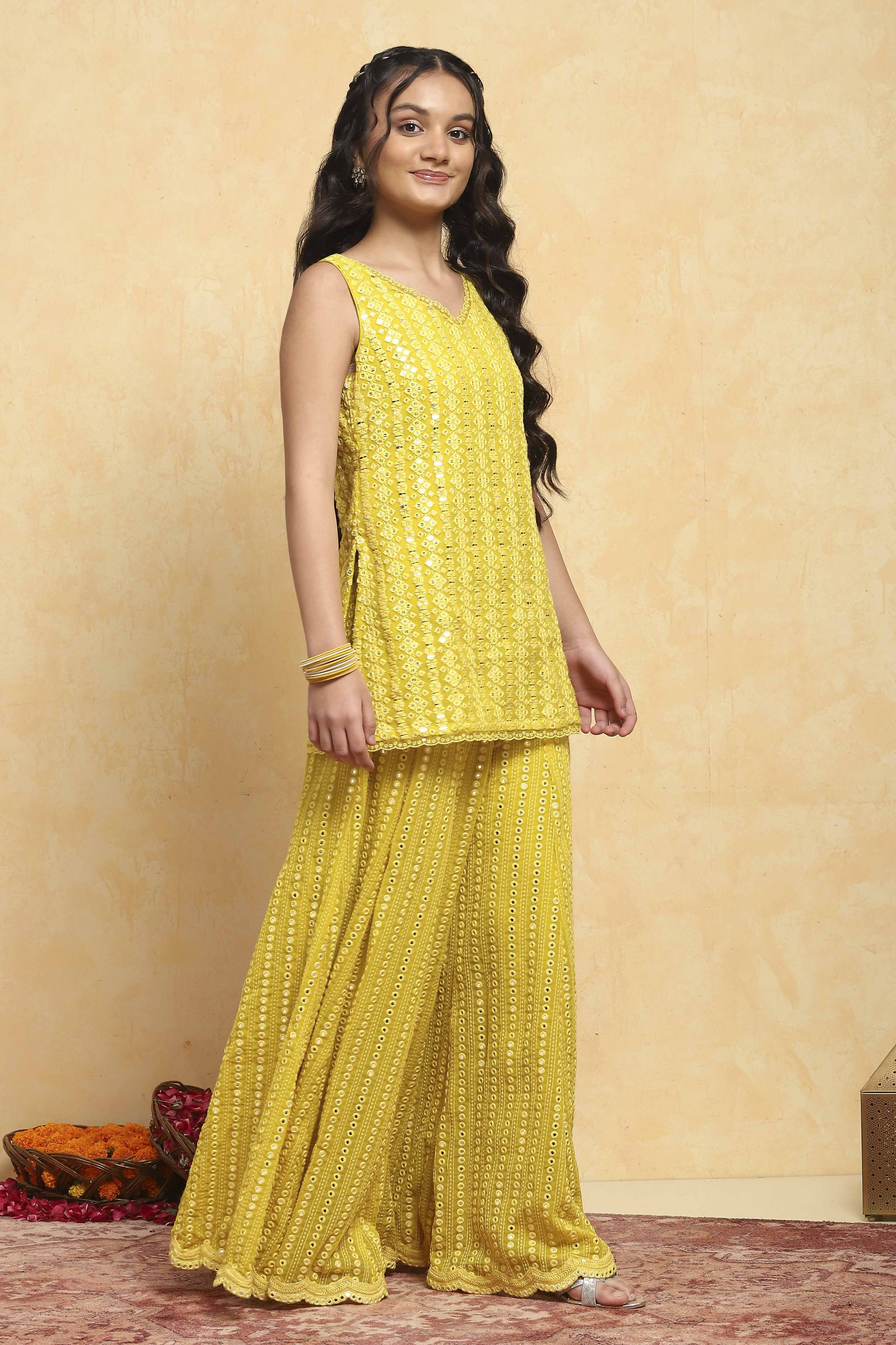 Yellow Polyester Dyed Straight Sharara Suit Set image number 5