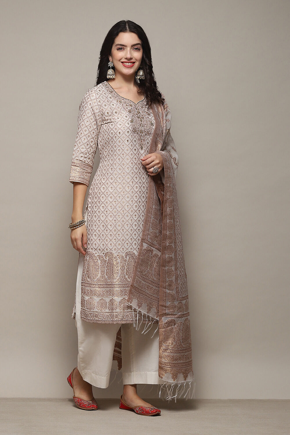Cream Cotton Silk Straight Yarndyed Kurta Sharara Suit Set image number 6