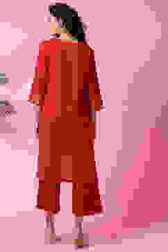 Red Cotton Flax Straight Kurta Pants Set image number 6