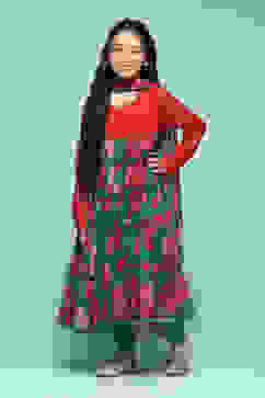 Green Poly Viscose Tiered Kurta Printed Suit Set image number 5