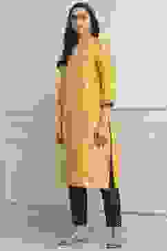 Yellow Poly Cotton Straight Kurta Pants Set image number 3