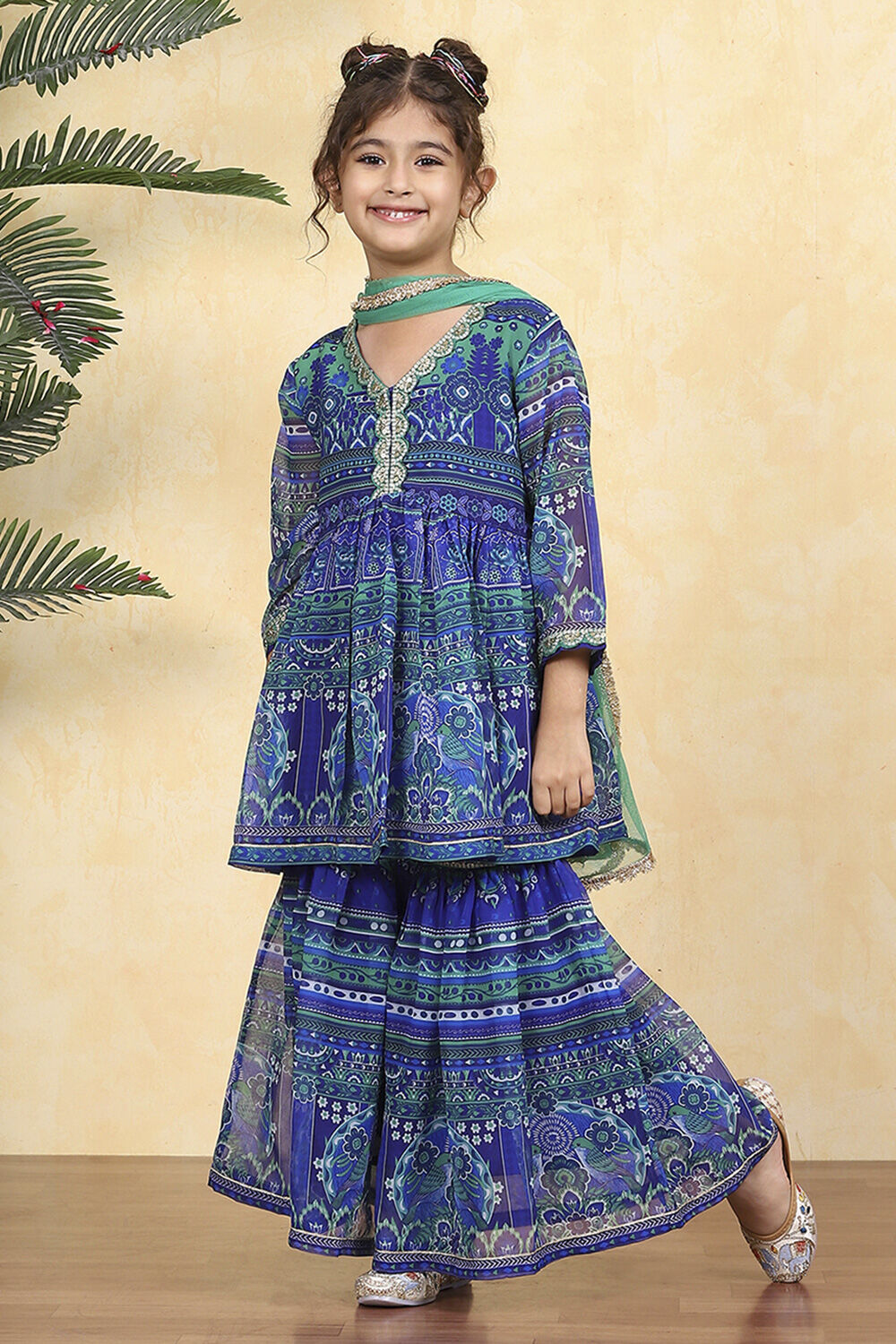 Blue Polyester Printed Gathered Sharara Suit Set image number 3