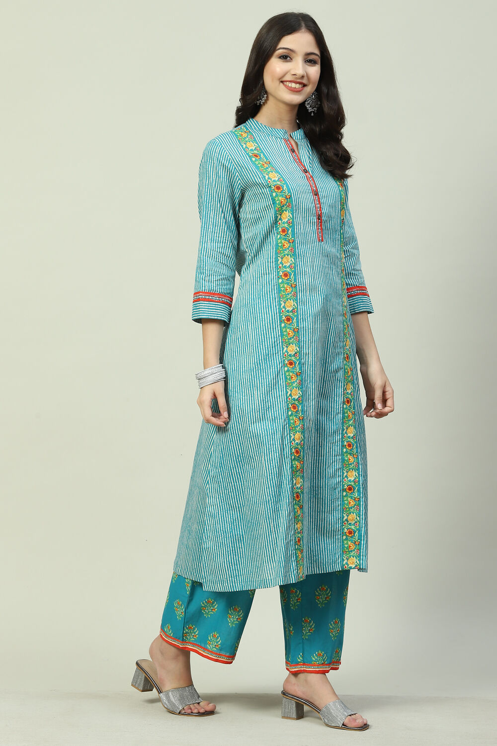 Teal Printed Cotton A-Line Kurta Palazzo Suit Set image number 3