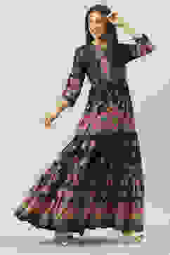 Black Cotton Flared Fusion Printed Dress image number 2