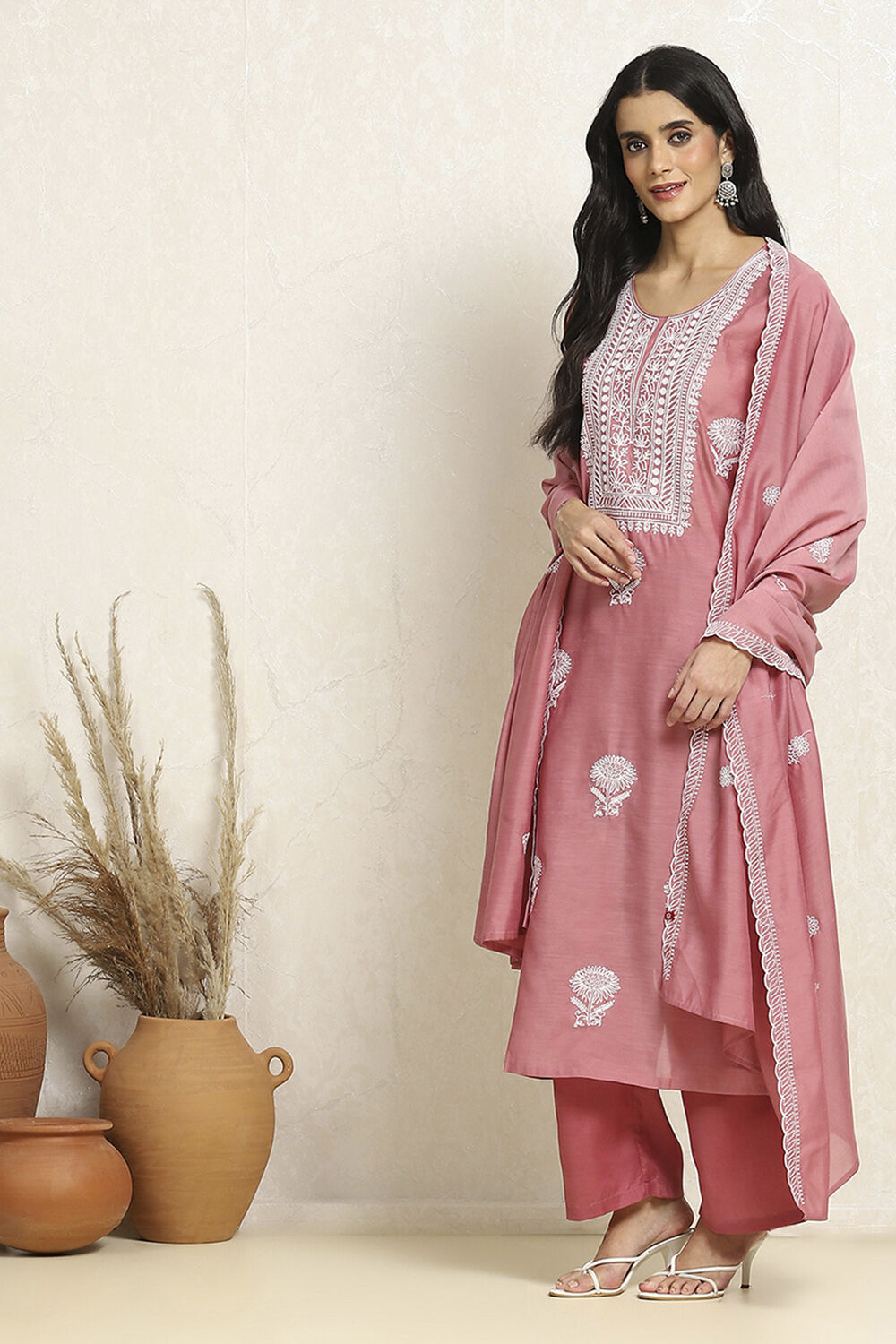 Peach Chanderi Machine Embroidered Unstitched Suit Set image number 4