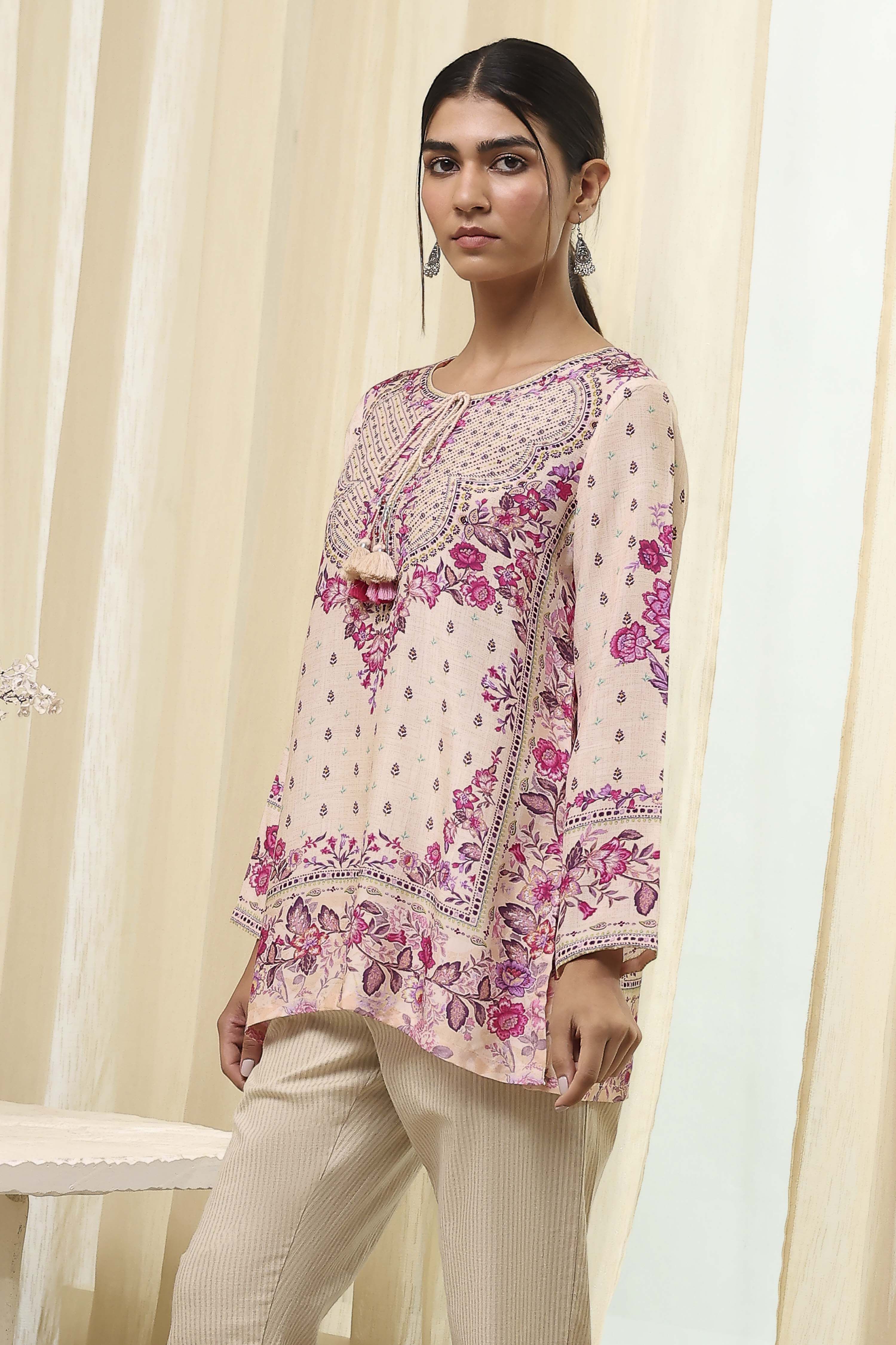 Off-White and Pink Modal Blend Straight Short Kurta image number 2