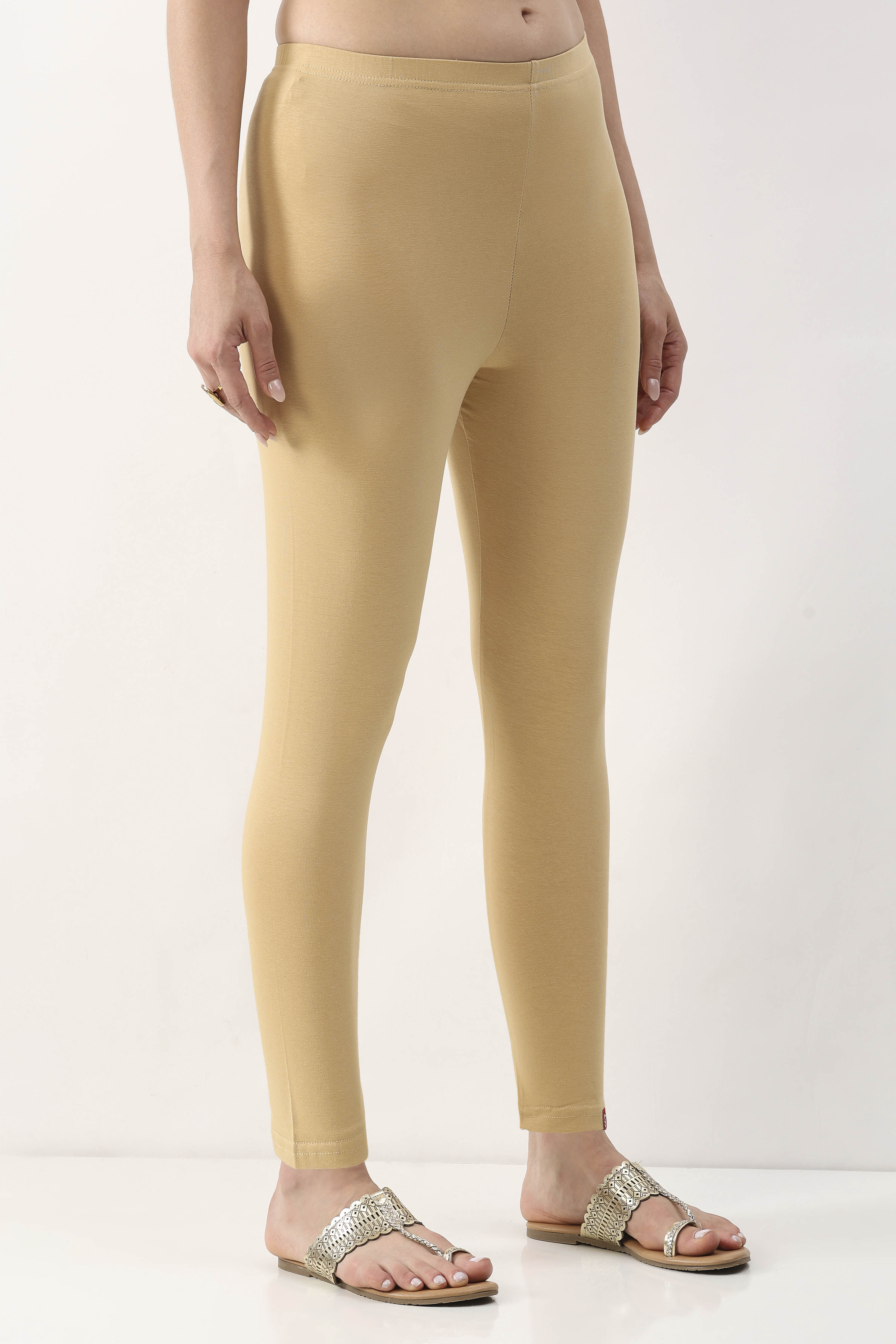 Beige Cotton Lycra Leggings image number 3