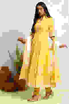 Yellow Blue Printed Cotton Anarkali Suit Set image number 3