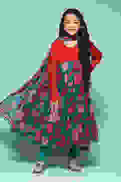 Green Poly Viscose Tiered Kurta Printed Suit Set image number 0