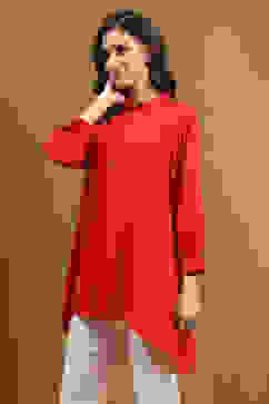 Tomato Red Solid Asymmetric Short Kurta image number 2