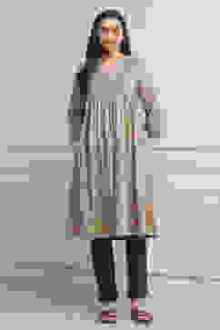 Taupe Poly Cotton Flared Kurta Pants Set image number 6