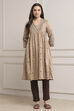 Taupe Poly Cotton Flared Kurta Pants Set image number 6