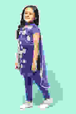 Blue Polyester Straight Printed Kurta Churidar Suit Set image number 4