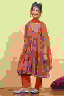 Orange Floral Printed Tiered Suit Set image number 3