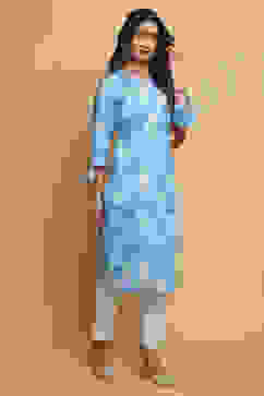 Blue Cotton Straight Kurta Pants Set image number 4