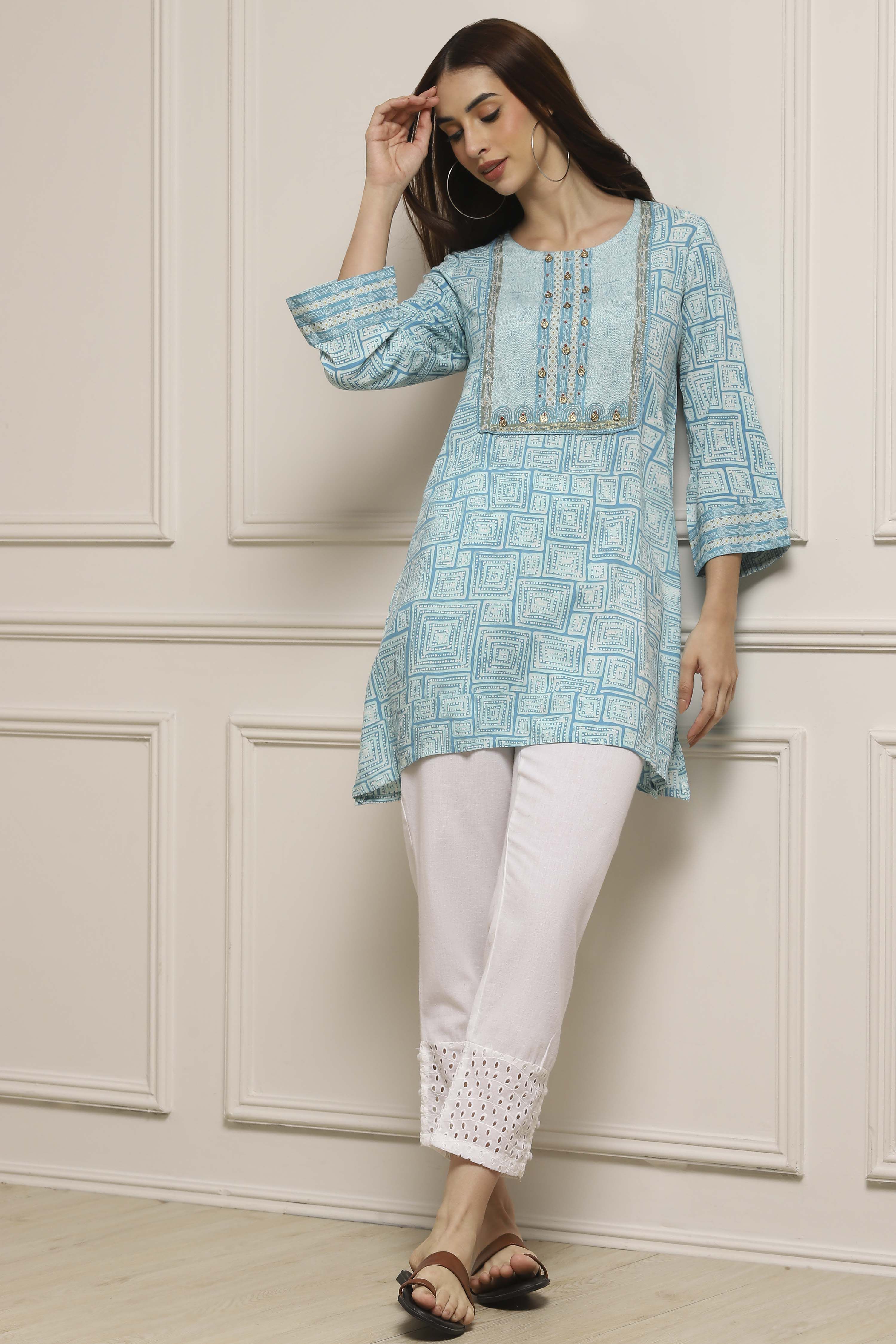 Aqua Blue Rayon Printed Kurti image number 5
