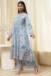 Dull Blue Cotton Flared Printed Kurta Set image number 3