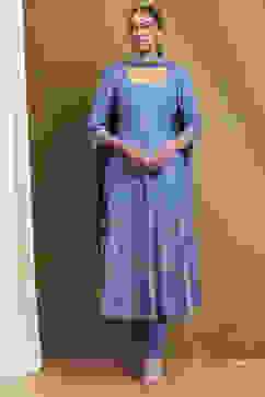 Electric Blue Cotton Printed Anarkali Suit Set image number 0