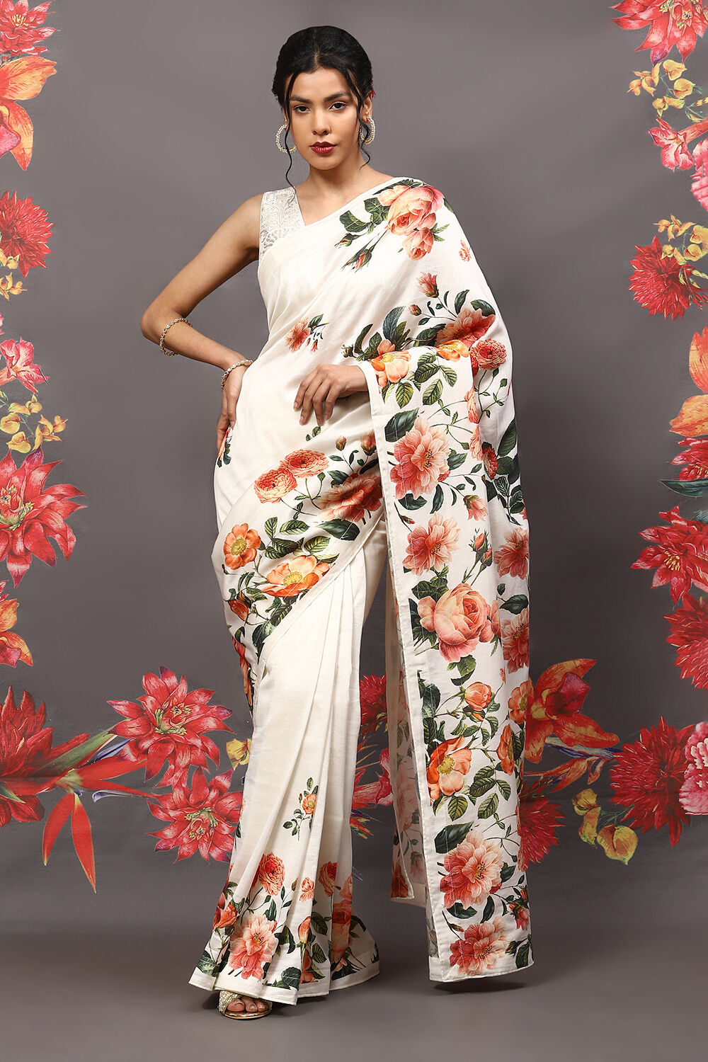 Off White Cotton Blend Saree image number 5