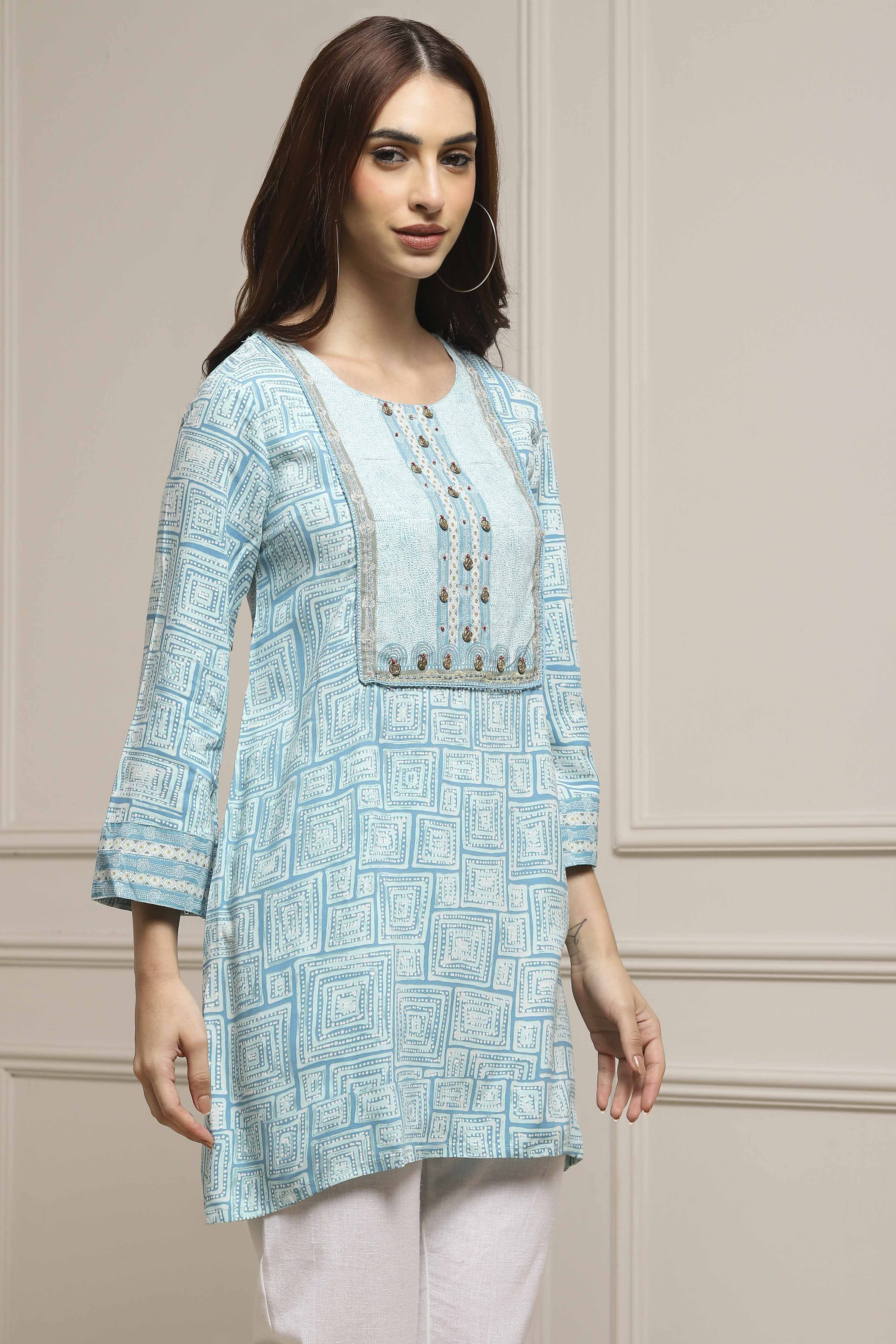 Aqua Blue Rayon Printed Kurti image number 4