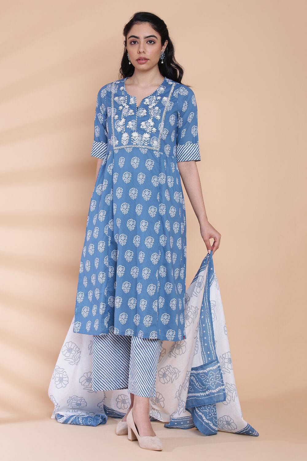Blue Cotton Kalidar Kurta Palazzo Suit Set image number 4
