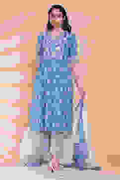 Blue Cotton Kalidar Kurta Palazzo Suit Set image number 4