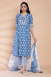 Blue Cotton Kalidar Kurta Palazzo Suit Set image number 4