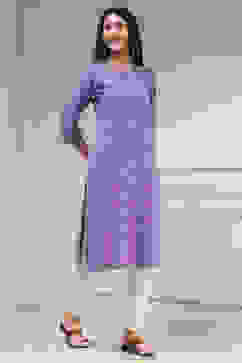 Purple Cotton Ikat Straight Kurta image number 4