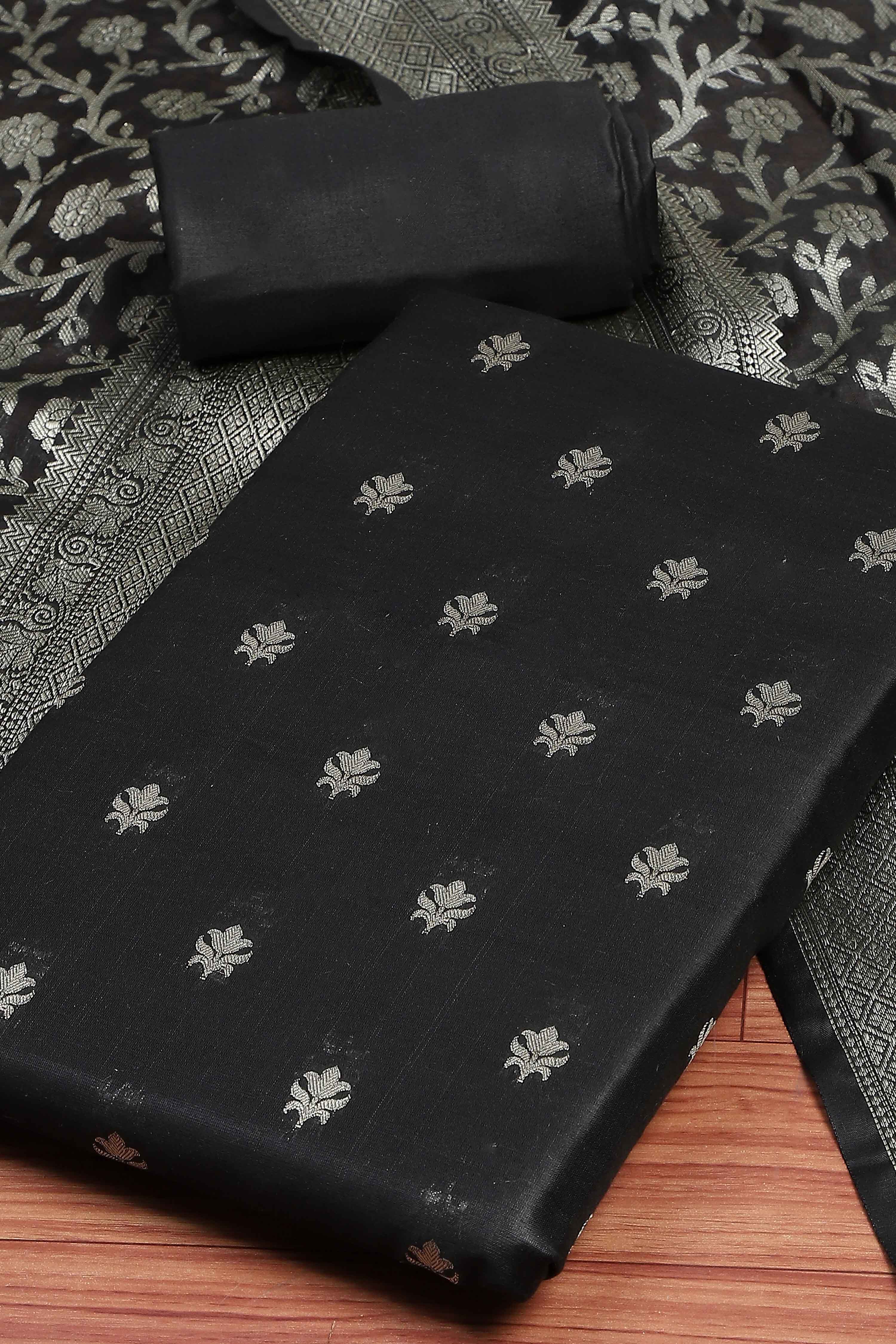 Green Black Poly Cotton Banarasi Unstitched Suit Set image number 1