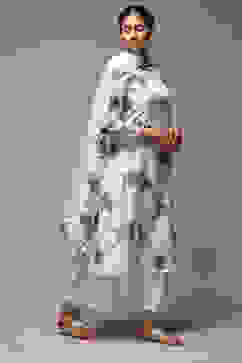 Off White Cotton Blend A-Line Kurta Palazzo Suit Set image number 6