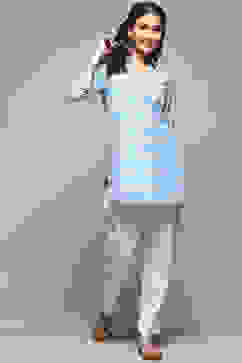 Ice Blue Cotton Embroidered Kurti image number 0