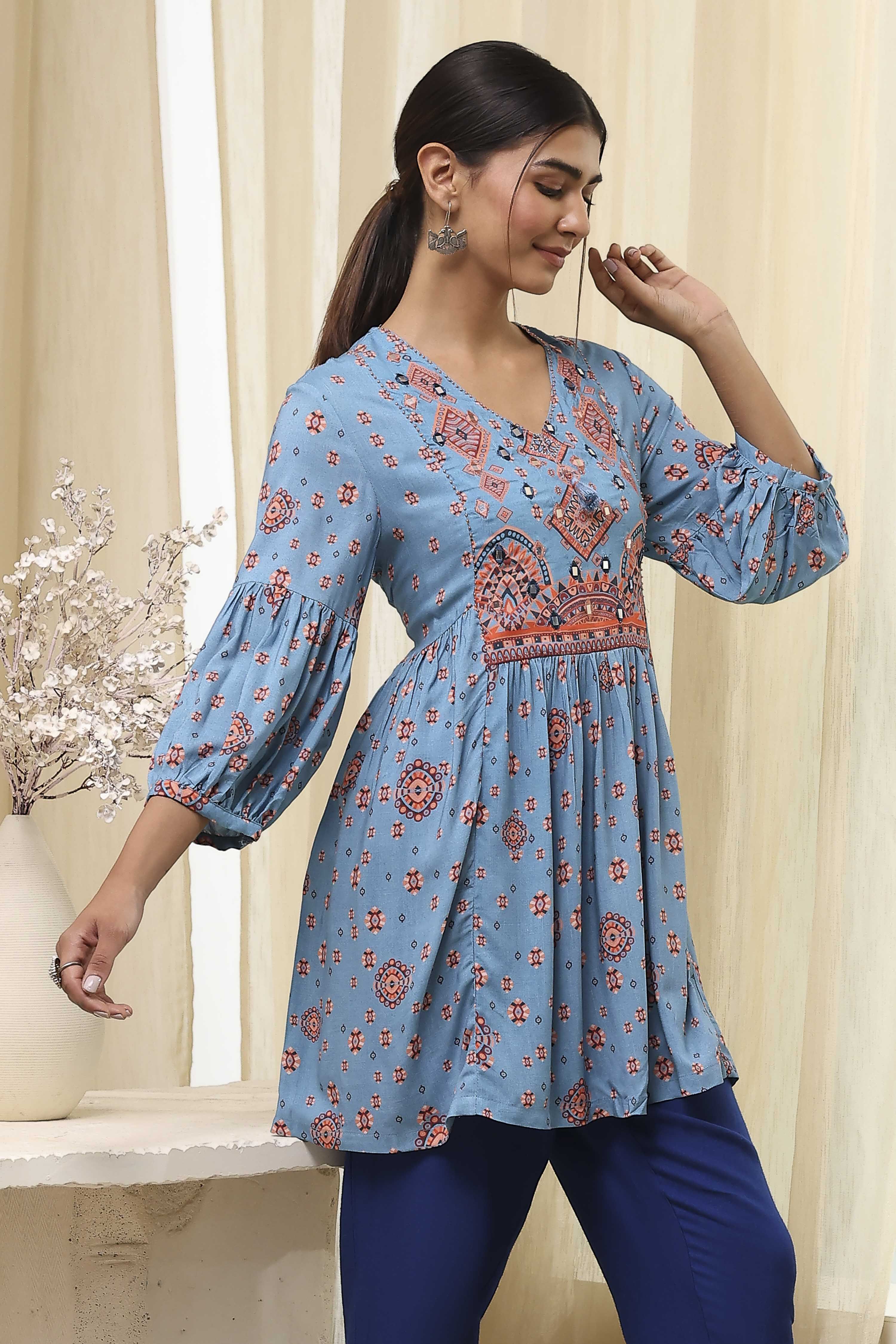 Dull Blue Printed Short Kurta image number 0