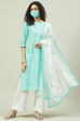 Aqua Blue and White Cotton Straight Suit Set image number 7