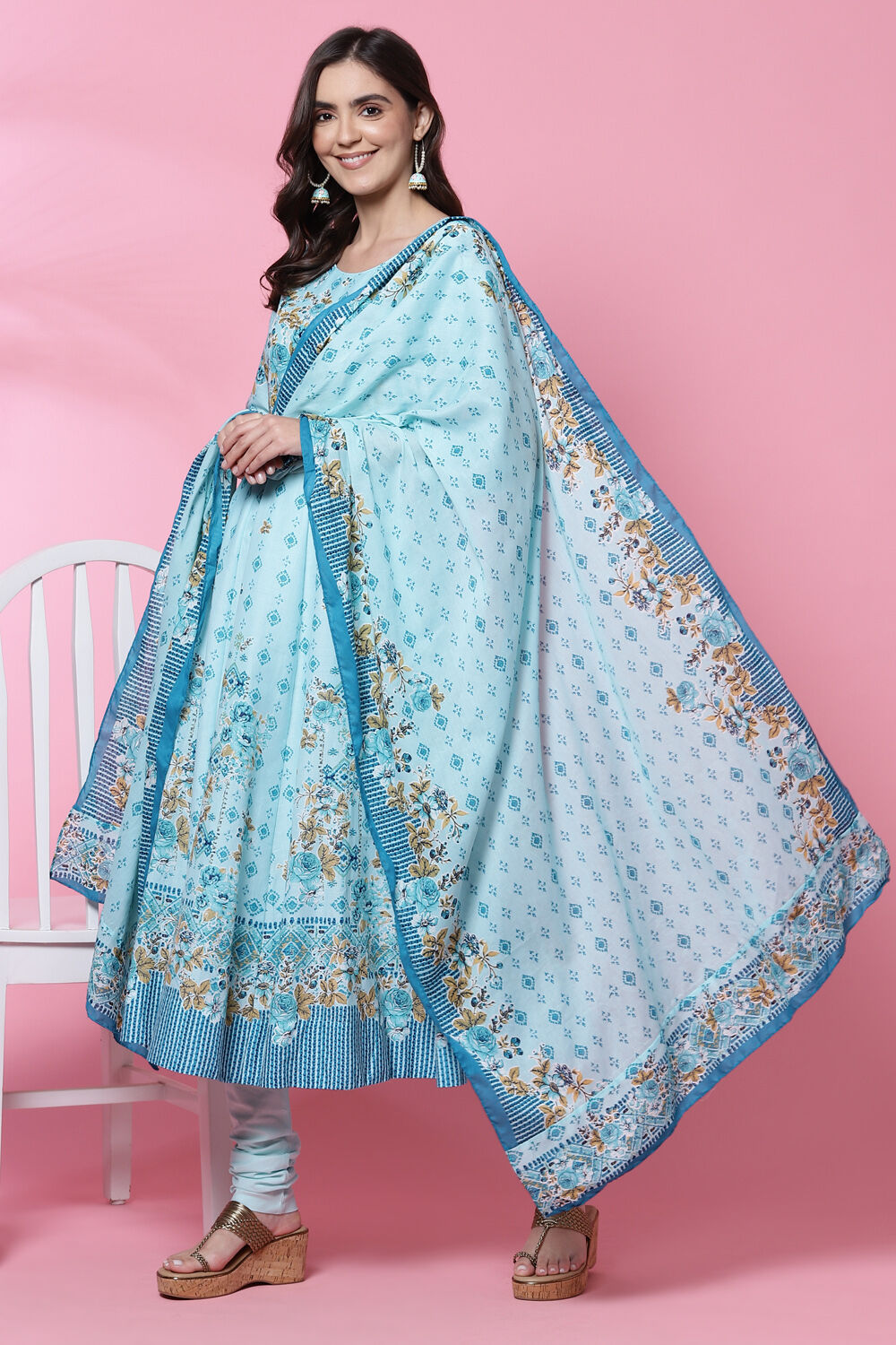 Aqua Blue Cotton Anarkali Kurta Churidar Suit Set image number 7