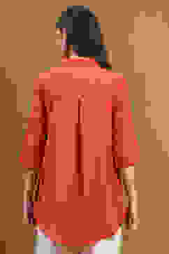 Orange Cotton Blend Solid Straight Shirt Style Kurti image number 3